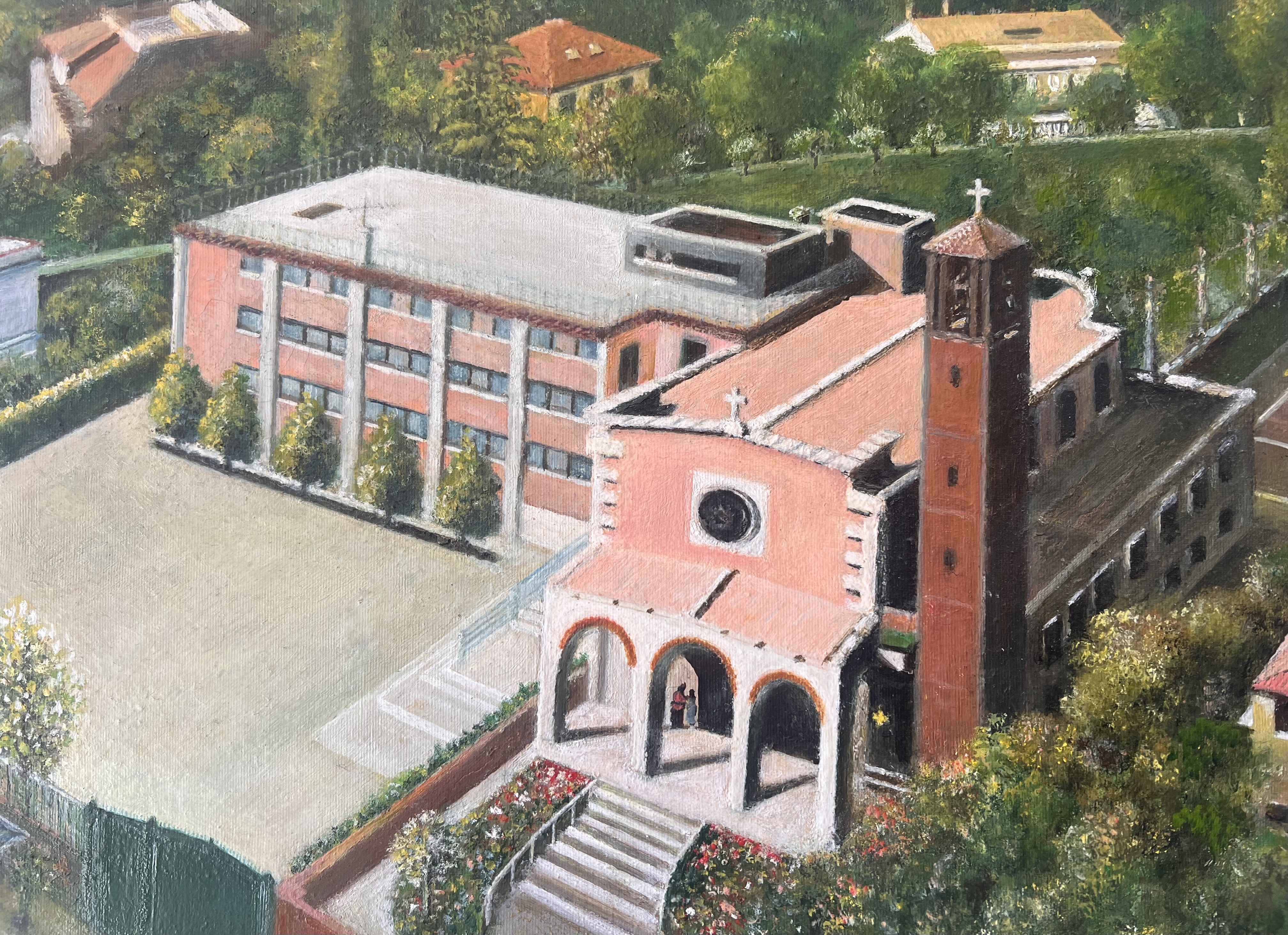 Vista aerea della Scuola Braschi e della chiesa di San Pio X