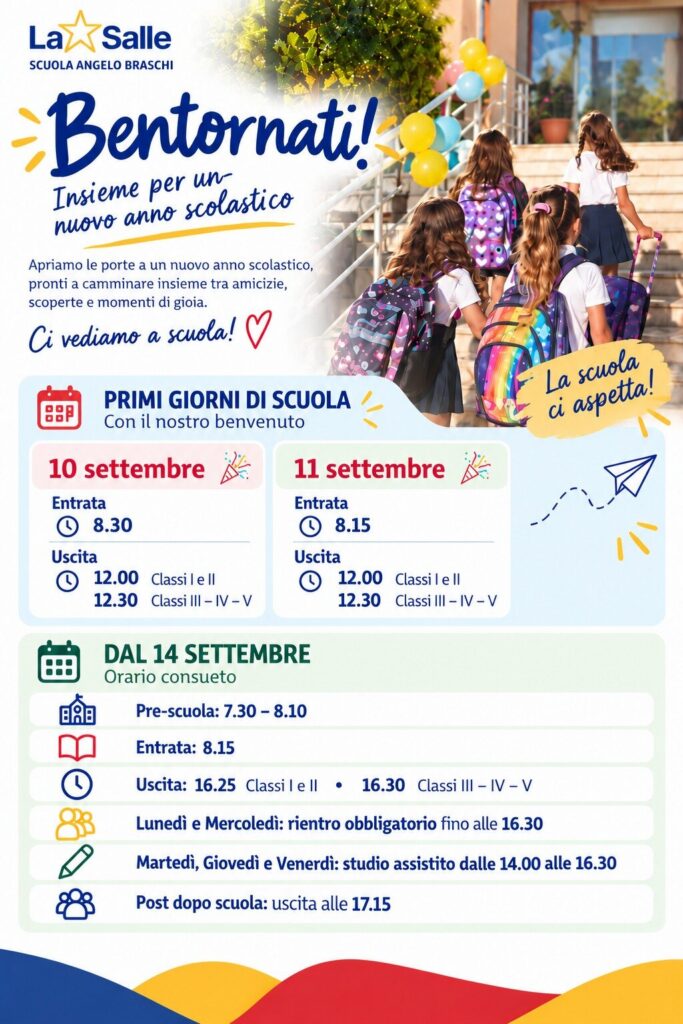 Locandina di benvenuto con gli orari dei primi giorni di scuola
