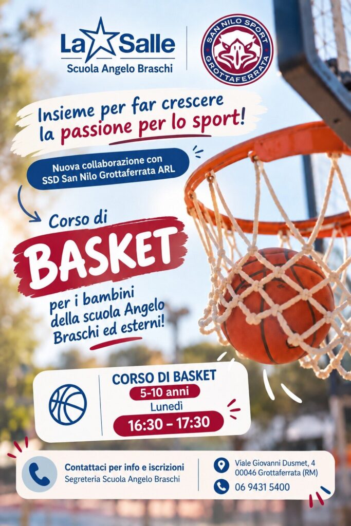 Locandina del corso di basket con SSD San Nilo Grottaferrata: 5-10 anni, lunedì 16:30-17:30
